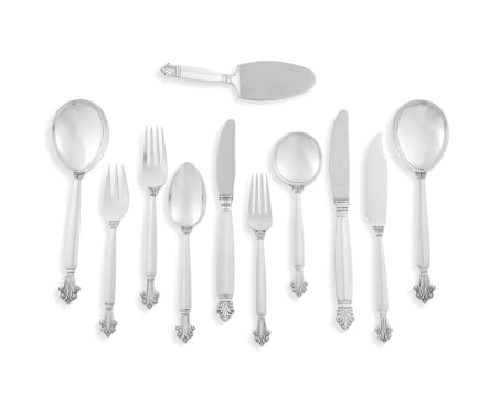 A set of Georg Jensen silver 'Acanthus' pattern flatware, designed in 1917 by Johan Rohde, .925 sterling, 1945 -