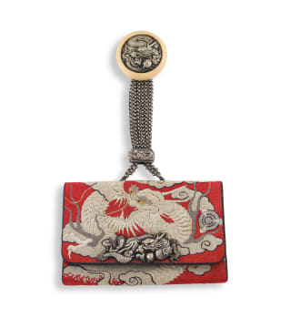 A Japanese embroidered silk tobacco Tabako-ire pouch, Meiji period, 1868-1912