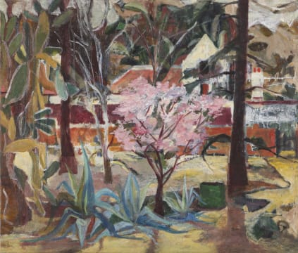Maud Sumner; A Blossoming Tree and House in a Wooded Landscape