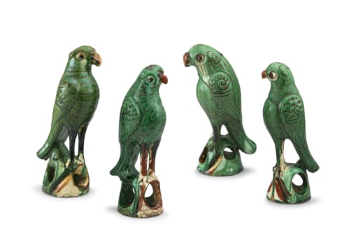 Four Chinese green-glazed parrots, Qing Dynasty, 19th century
