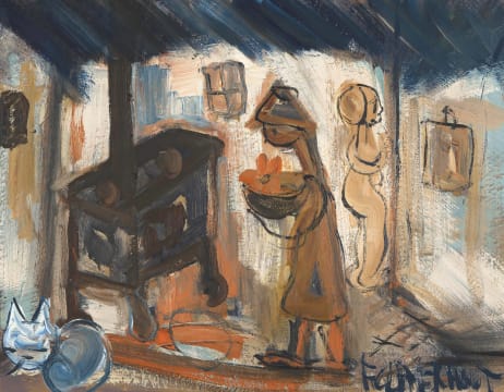Frans Claerhout; Interior with Figures, Cat, and Stove