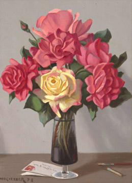 Willem Hermanus Coetzer; Still Life with Roses and Postcards