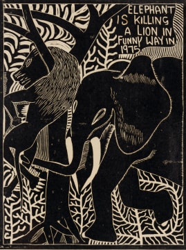 John Muafangejo; Elephant is Killing a Lion in Funny Way in 1975