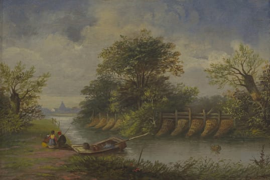 Norwich School; River with Eel Basket Traps