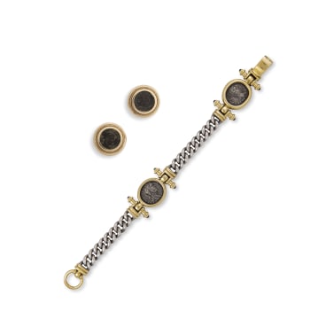 18ct yellow gold, sapphire and coin bracelet, Charles Greig
