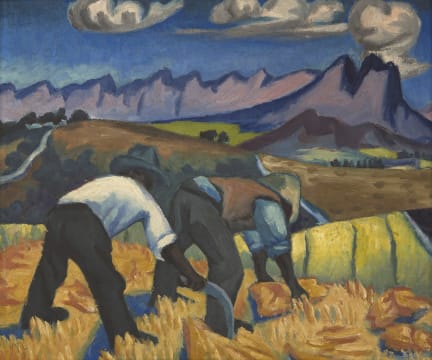 Maggie Laubser; Harvesters in Wheatfield, Mountains and Clouds in Background