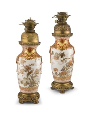 A pair of Japanese Kutani lamp bases, Meiji period, 1868-1912, with French gilt-metal mounts, A Robert, 25 Rue Drouot, Paris