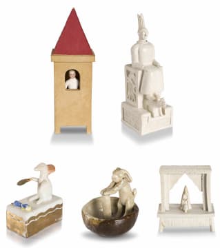 John Leask Nowers; The Thoughtful King; Figure on Stage; Figure in Tower; Animal with Gold Fan, four