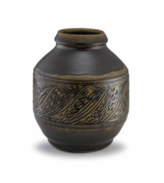 A dark olive green and pale brown-glazed stoneware vase, Bryan Haden (1930-), 1970s