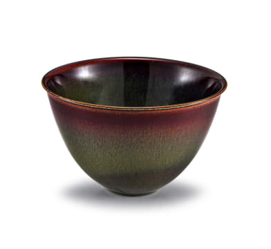 A Swedish Gustavsberg hare's fur olive-green and maroon-glazed bowl, Stig Lindberg (1916-1982), 1970