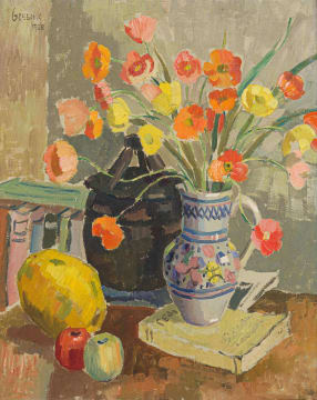 Gregoire Boonzaier; Still Life with Vase of Iceland Poppies, Book and Fruit