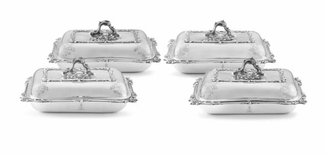 Four Victorian silver entrée dishes and covers, James Le Bas, Irish, 1868