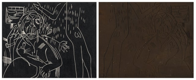 Walter Battiss; Woman and Cat, Block and Print, two