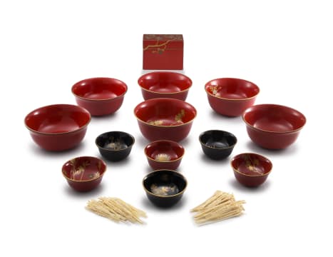 Six Japanese red lacquer bowls, Meiji period, 1868-1912