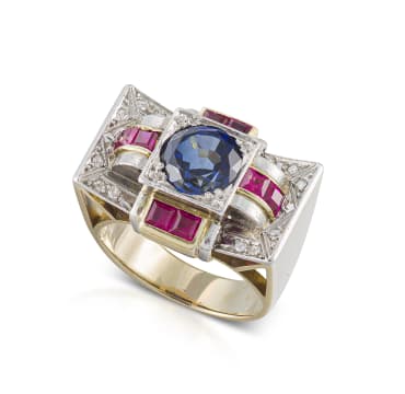 Sapphire, ruby and diamond gold dress ring