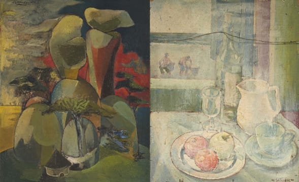 Stanley Pinker; Boulders and Huts, recto; Still Life with Jug, verso