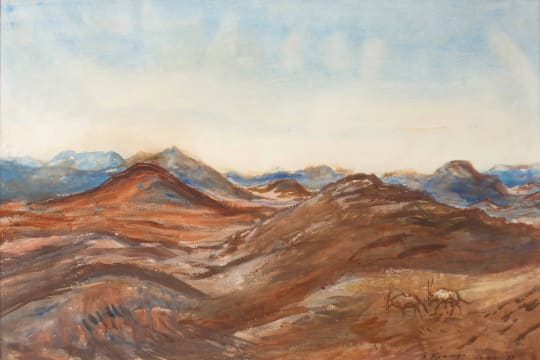 Fritz Krampe; A Pair of Oryx in a Mountainous Landscape, Namibia