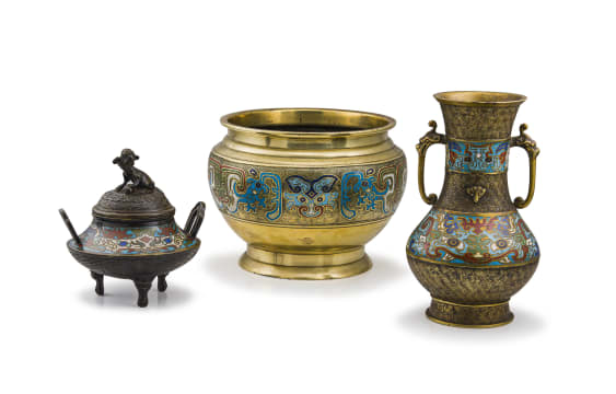 A Chinese brass and enamelled two-handled vase, late 19th/early 20th century