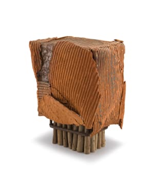 'Shelter', unglazed terracotta, wood and iron assemblage, Juliet Armstrong, 1987