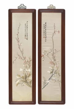A pair of Chinese embroidered silk panels, 20th century