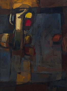 Eben van der Merwe; Still Life with Jug and Fruit (Vertical Format)