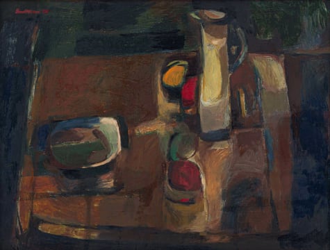 Eben van der Merwe; Still Life with Jug and Fruit (Horizontal Format)