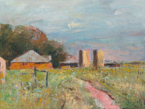 Errol Boyley; Farm Buildings with Grain Silos