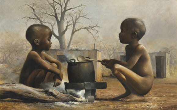 Harold Voigt; Two Children Around the Pot