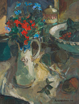 Eben van der Merwe; Still Life with Flowers in a Jug