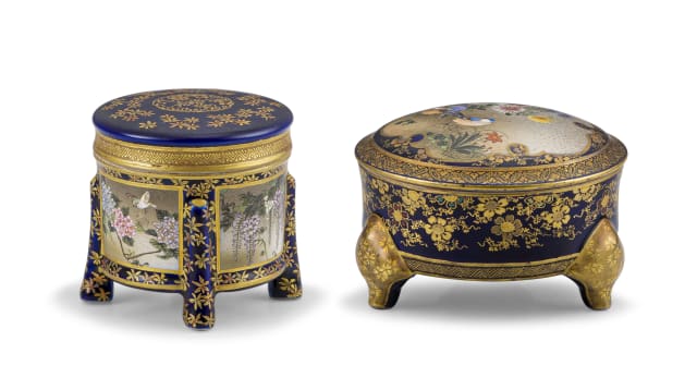 A Japanese Satsuma tripod-shaped box and cover, Kinkozan zo, Meiji period, 1868-1912