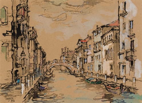 Gregoire Boonzaier; Canal with Boats and Three Bridges