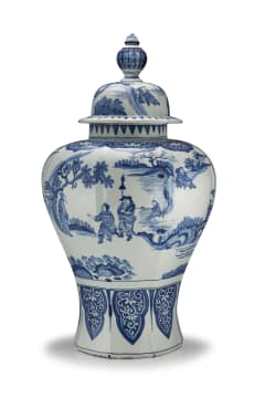 A large Dutch Delft faience blue and white vase and cover, M. van der Bogaert, de Twee Wildemannen, 17th/18th century