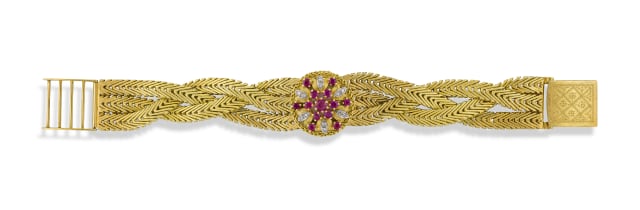 Bucherer; Lady's 18ct yellow gold, ruby and diamond-set Bucherer cocktail wristwatch