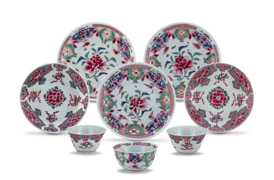 A pair of Chinese famille-rose tea bowls and saucers, Qing Dynasty, Qianlong period, 1736-1795