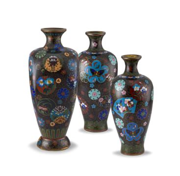 A pair of Japanese cloisonné enamel vases, Meiji period, 1868-1912