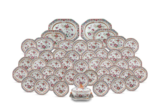 A Chinese Export famille-rose part dinner service, Qing Dynasty, Qianlong period, 1736-1795