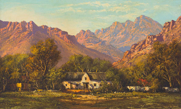 Tinus de Jongh; Landscape with House and Mountains