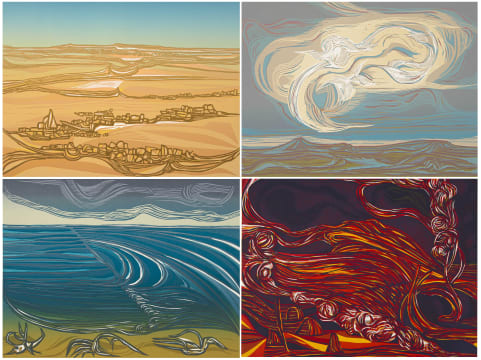 Cecil Skotnes; Desert, Storm Warning, The Beach and Veld Fire, four