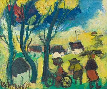 Frans Claerhout; Landscape with Figures and Cottages