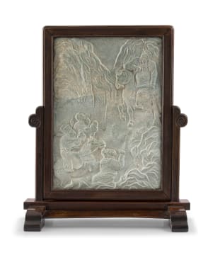 A Chinese carved duan stone and huanghuali table screen, Qing Dynasty, 18th/19th century