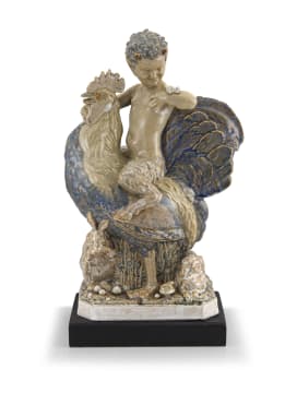 A glazed stoneware figure of a faun astride a cockerel, Harry Parr, Chelsea, 1928