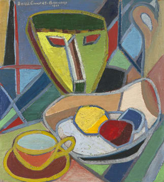 Bettie Cilliers-Barnard; Still Life with Mask, Fruit, Cup and Saucer