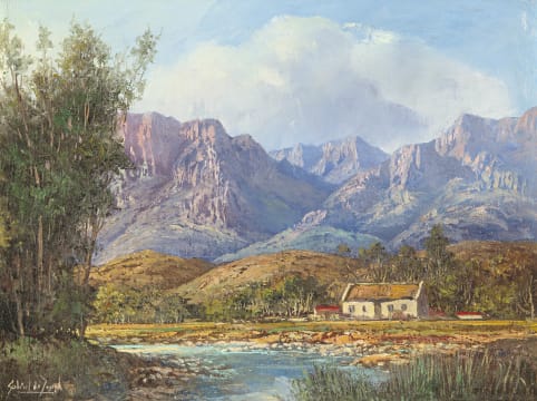 Gabriel de Jongh; Cottage, River and Trees