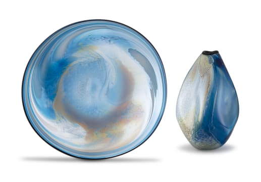 David Reade; Blue, Cream and Pink Dish and White, Cream and Blue Vase, two