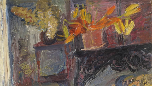 May Hillhouse; An Interior with Flowers in Pots