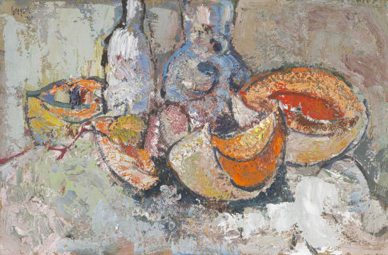 Gregoire Boonzaier; Spanspek, Bottel en Vaas (Melon, Bottle and Vase)