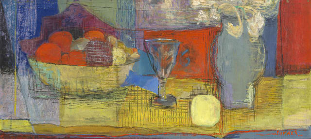 Maud Sumner; Stillewe met Vrugtebak, Kelkie en Vaas (Still Life with Fruit Bowl, Wine Glass and Vase)