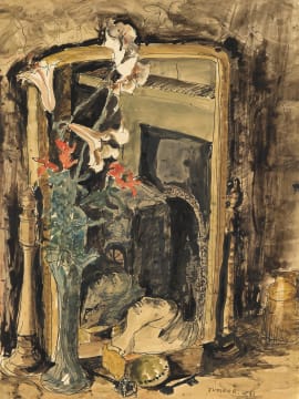 Maud Sumner; Stillewe: Vaas met Blomme en Klipbeeldhouwerk voor Spieël (Still Life: Vase with Flowers and Stone Sculpture in front of Mirror)