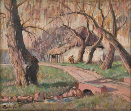 Sydney Carter; Cottage Being Thatched