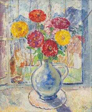 François Krige; Zinnias by an Open Window